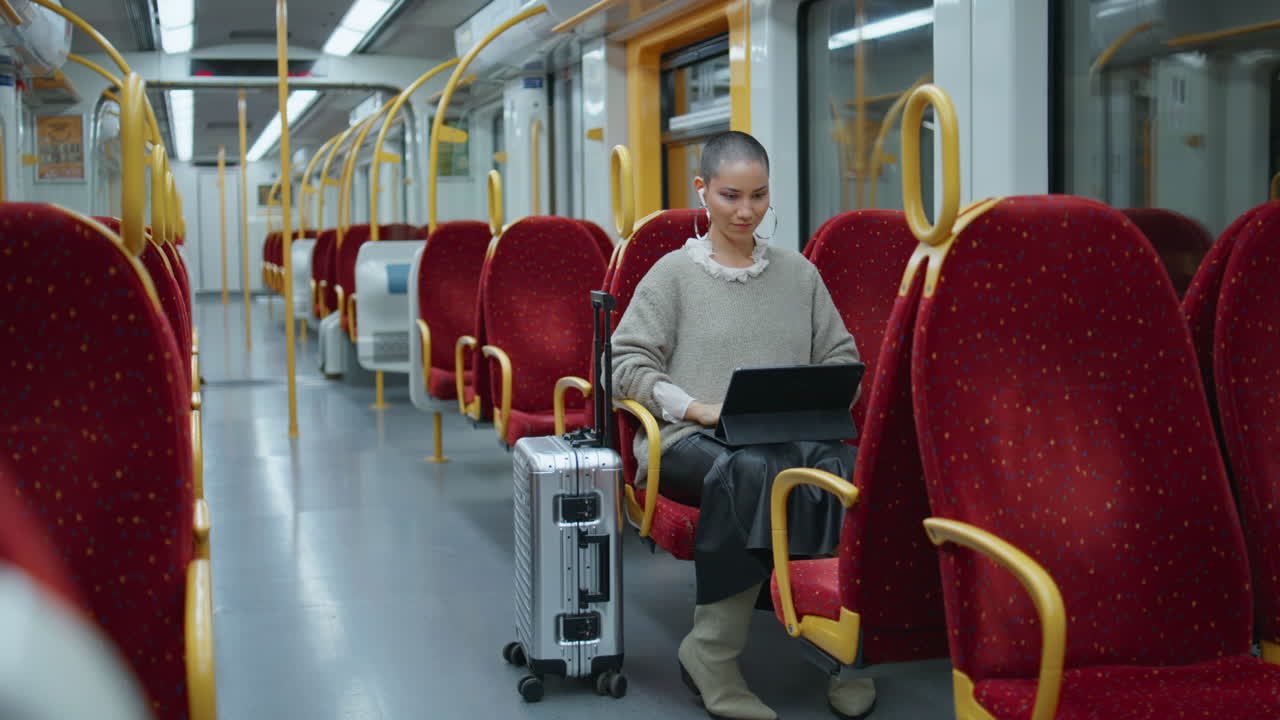 Woman Working on Tablet on a Train
