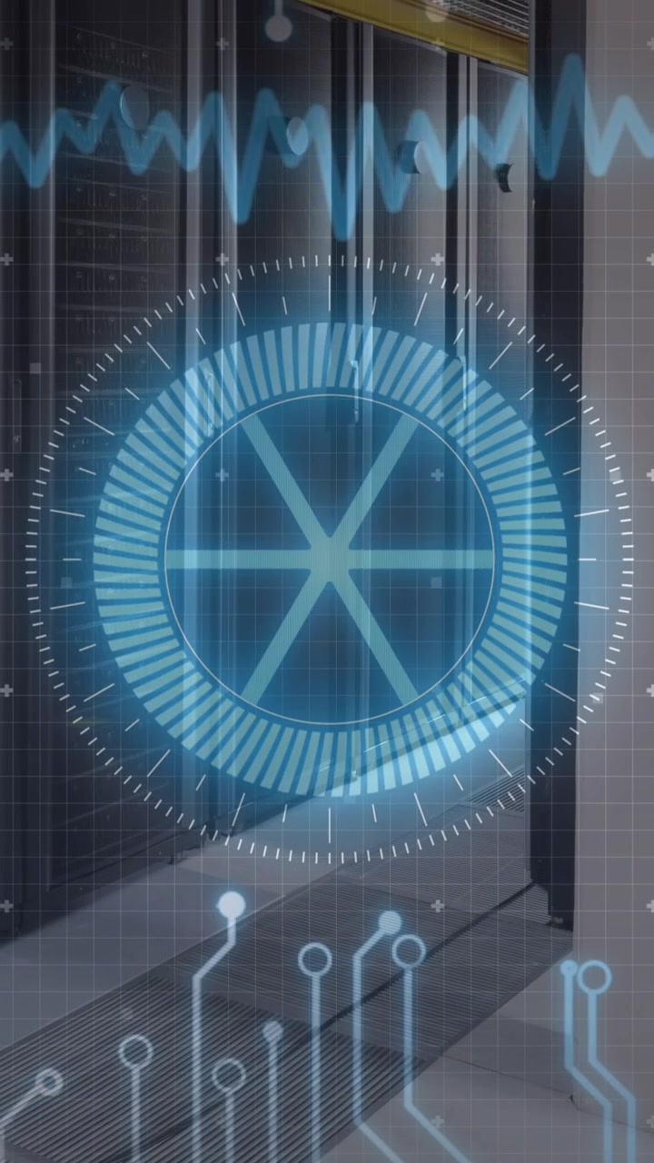 Animation of neon round scanner and microprocessor connections against empty computer server room