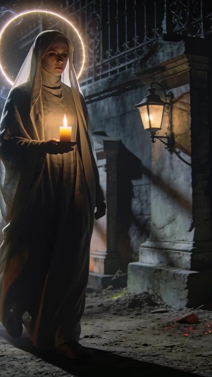 Video verticale: Donna in abito che cammina lungo un sentiero del cimitero di notte, tenendo una candela accesa, con un alone che brilla