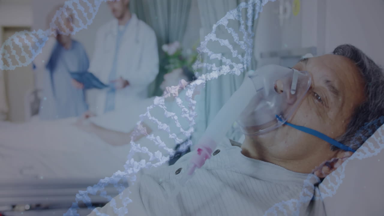 DNA strands animation over patient with oxygen mask in hospital bed