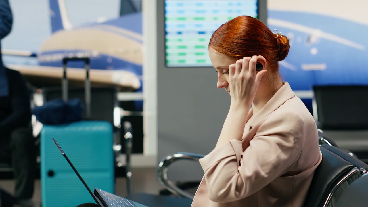Donna in viaggio d'affari che sistema gli auricolari e lavora al laptop