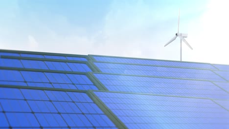 4k 3d animation with solar panel cells and spinning wind turbines on the eco energy electricity