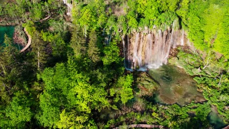 Aerial-View-Of-Cascading-Waterfalls-At-Plitvice-Lakes