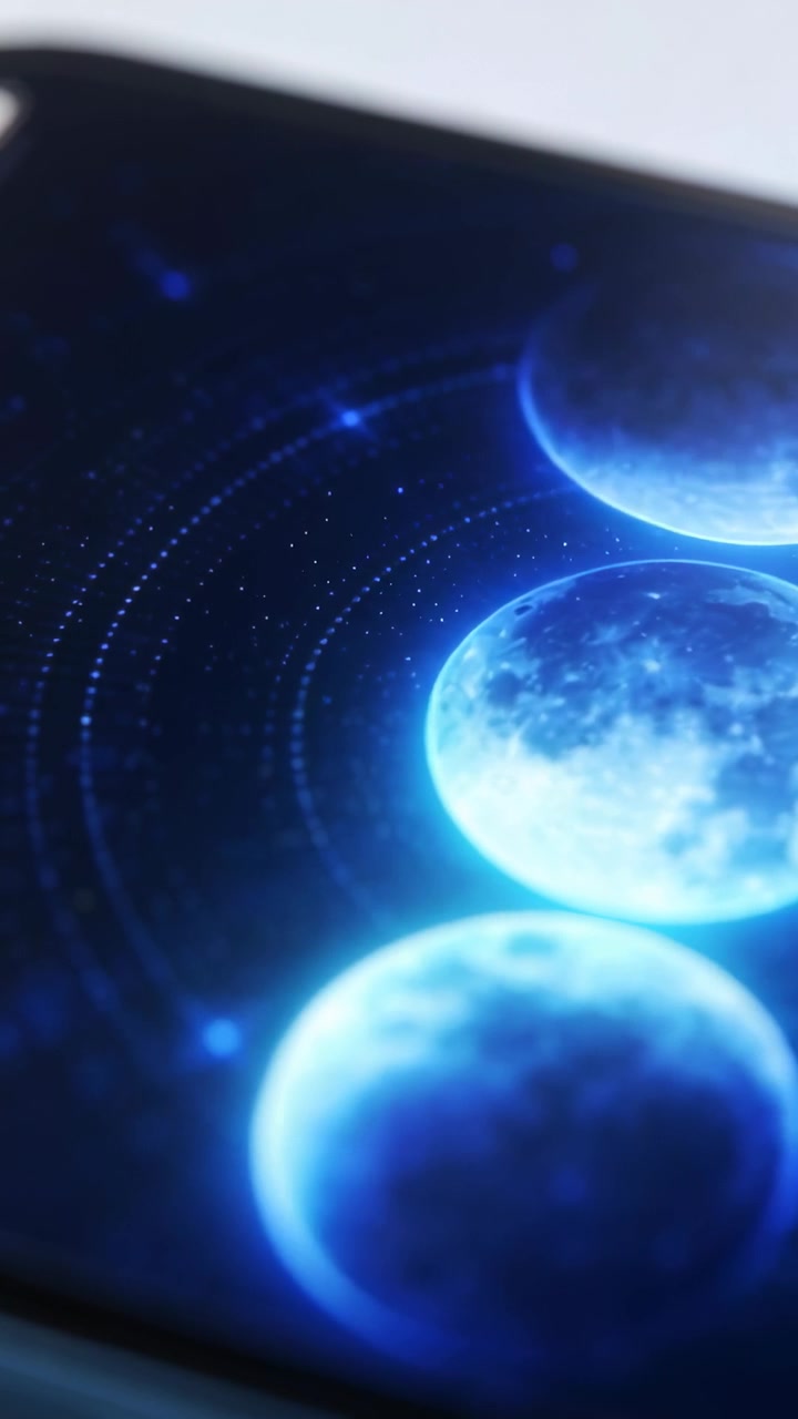 Vertical video: Animation starting, blue lunar spheres orbiting smartphone display showing glow