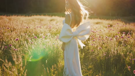 woman in an elegant white dress standing in a golden meadow