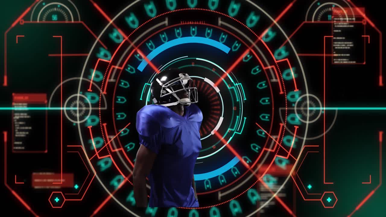 animación de un jugador de rugby afroamericano sobre escaneo de alcance en fondo negro