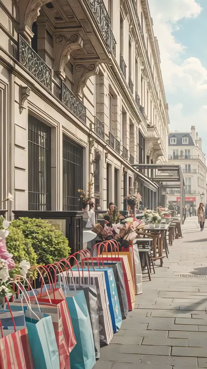 Vertical video: Camera framing bags and vendor in apron arranging bouquets to sell at sidewalk cafe