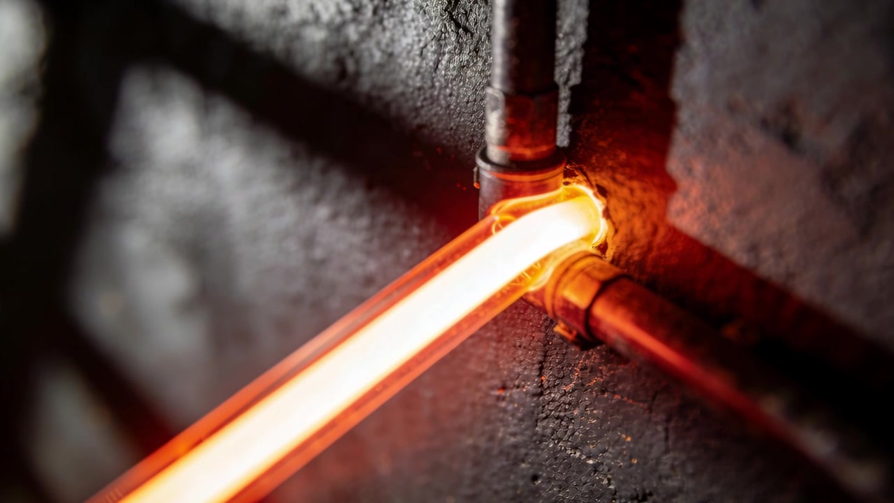 Telecamera in movimento che rivela un tubo arancione incandescente che emette luce su una parete del seminterrato per mostrare un raccordo metallico.