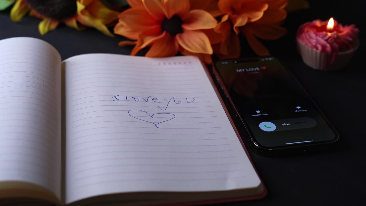 Chiamata in arrivo su smartphone "Amore mio" accanto a un quaderno aperto con "Ti amo" e un cuore, fiori arancioni e una candela accesa su cupcake su tavolo scuro in calda luce notturna interna a bassa intensità