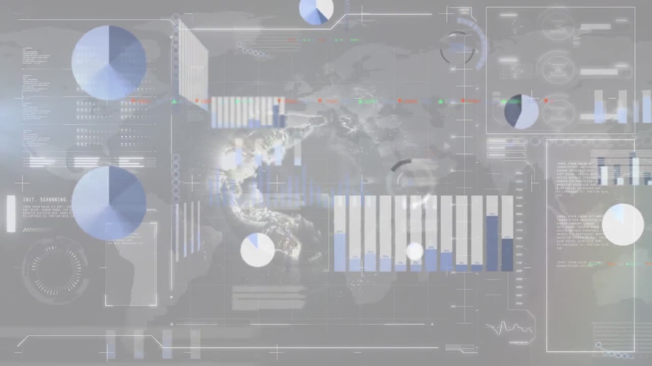 Animation of multiple graphs, loading bars and circles over globe against abstract background