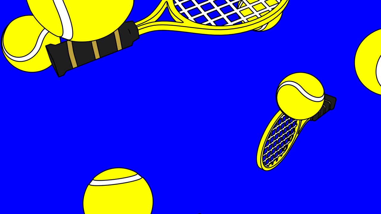 푸른 크로마 키 배경에 노란색 테니스 공과 테니스 라켓.