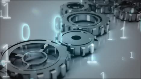 animación de codificación binaria sobre engranajes en fondo blanco