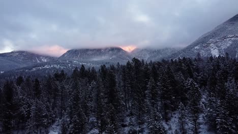 Aerial-side-shot-of-the-icy-forest-in-the-Rocky-Mountains-in-Canada