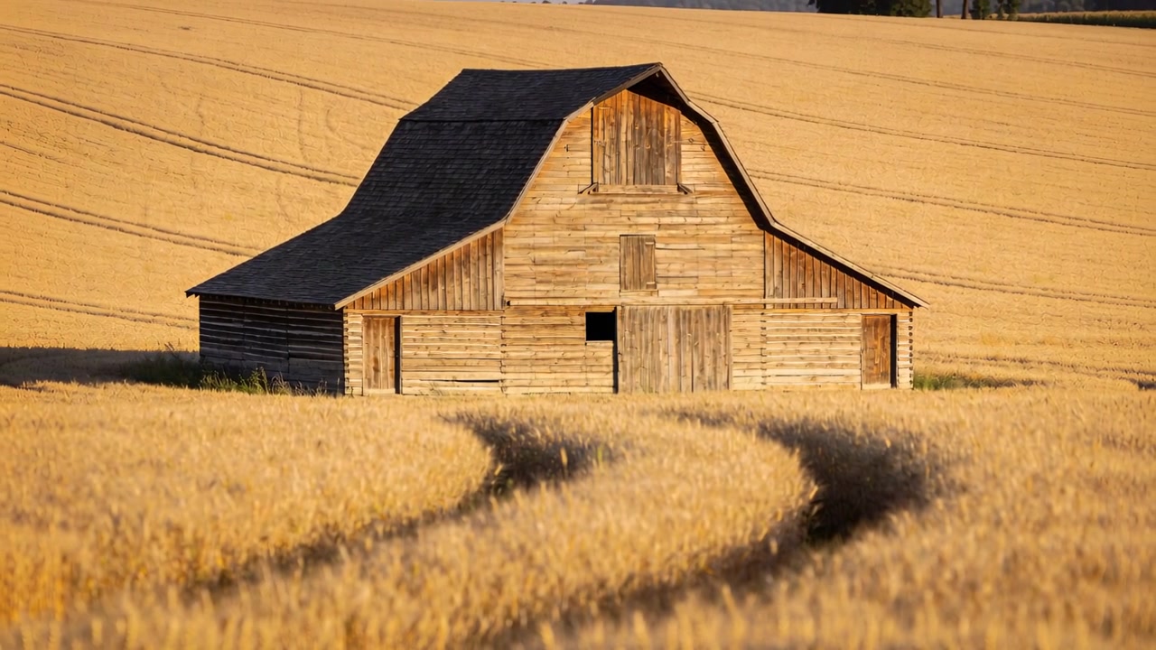 Zooming camera bringing wooden barn closer in golden fields, emphasizing tractor tracks
