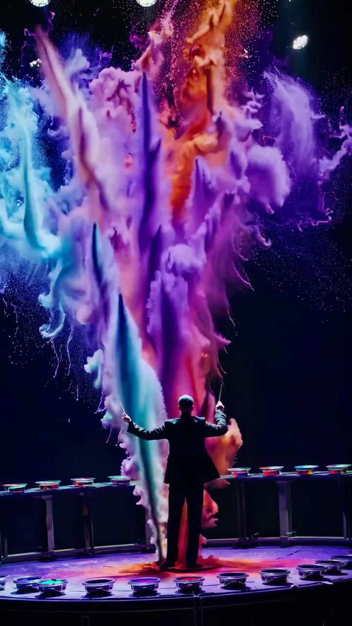 Silueta de un hombre realizando vibrantes explosiones de polvo en el escenario.