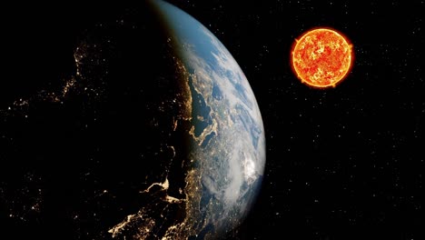 planet earth and sun as ball of fire seen from the space