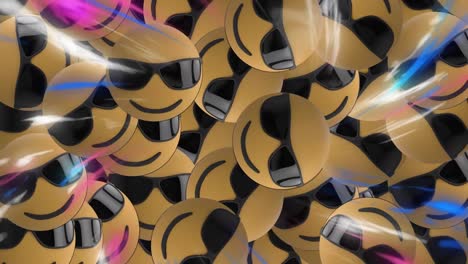 digital animation of colorful digital waves over multiple face wearing sunglasses emojis