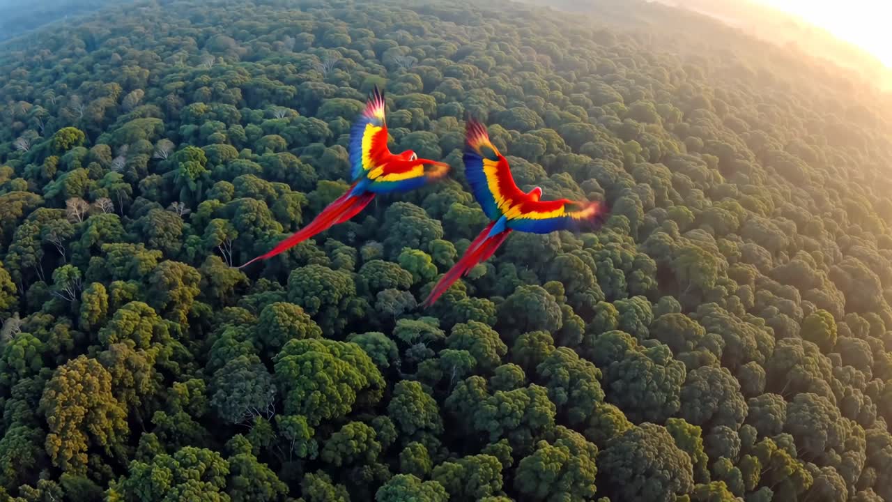 Aerial view of two vibrant macaws soaring over lush forest, captured in a dynamic video shot