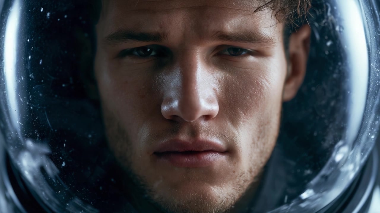 An Intense Close-Up of an Astronaut's Face Captured in a High-Detail Shot, Showcasing Emotions and the Intricacies of Space Gear