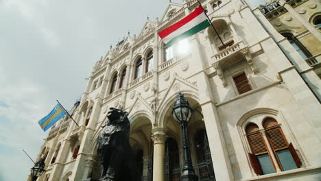 schönes gebäude des ungarischen parlaments mit flaggenblick von unten