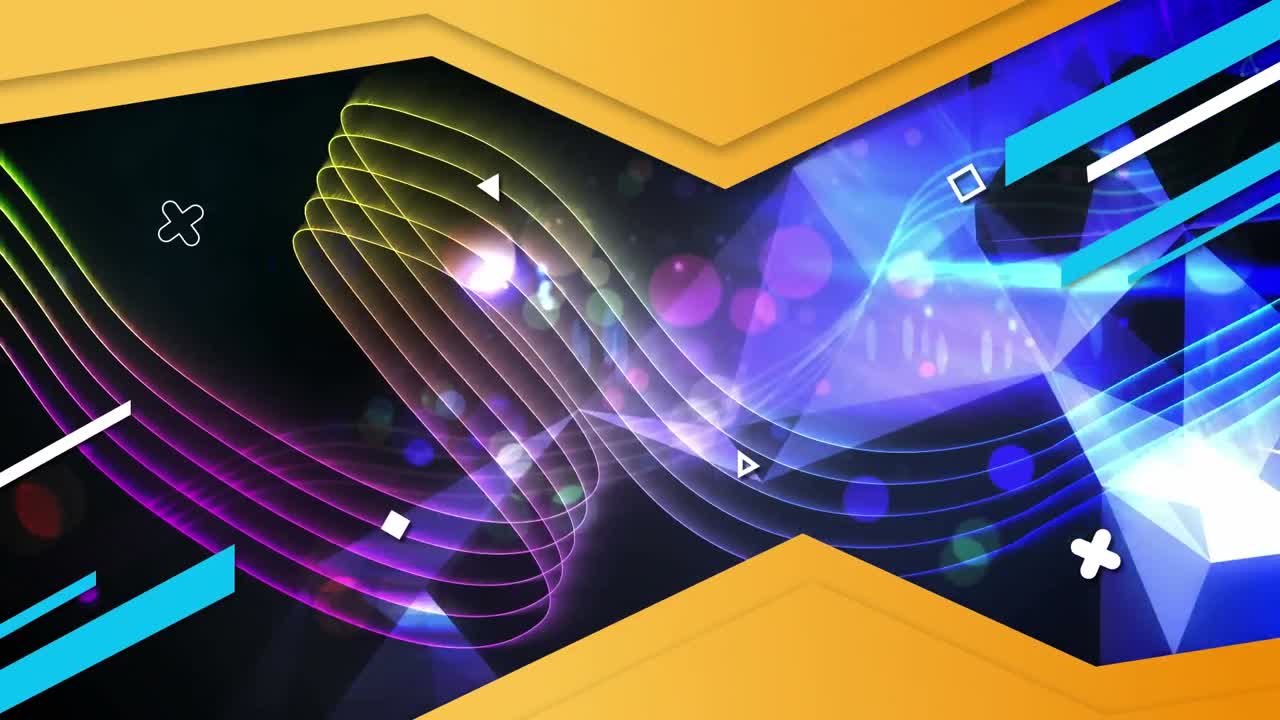 animación de formas geométricas y patrones de ondas que se mueven sobre las llamaradas de la lente en el fondo.