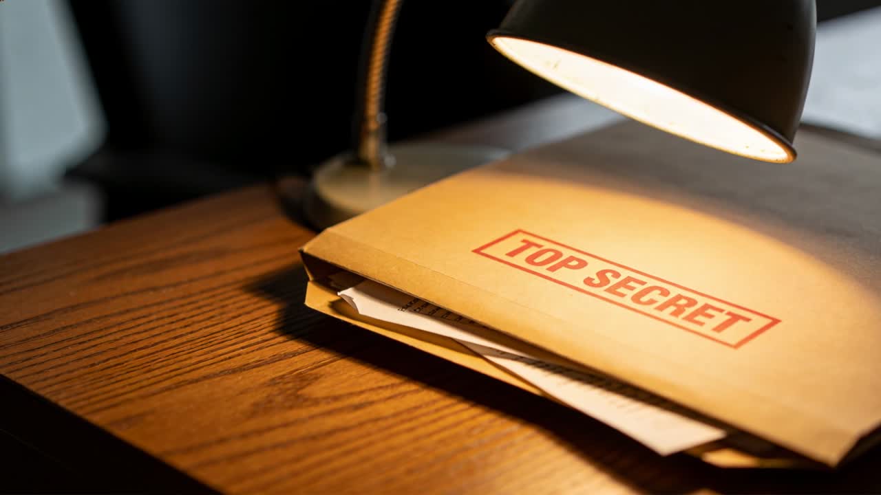 Una lampada da scrivania accesa si inclina più vicino, illuminando una busta TOP SECRET su una scrivania di legno, rivelando il timbro.