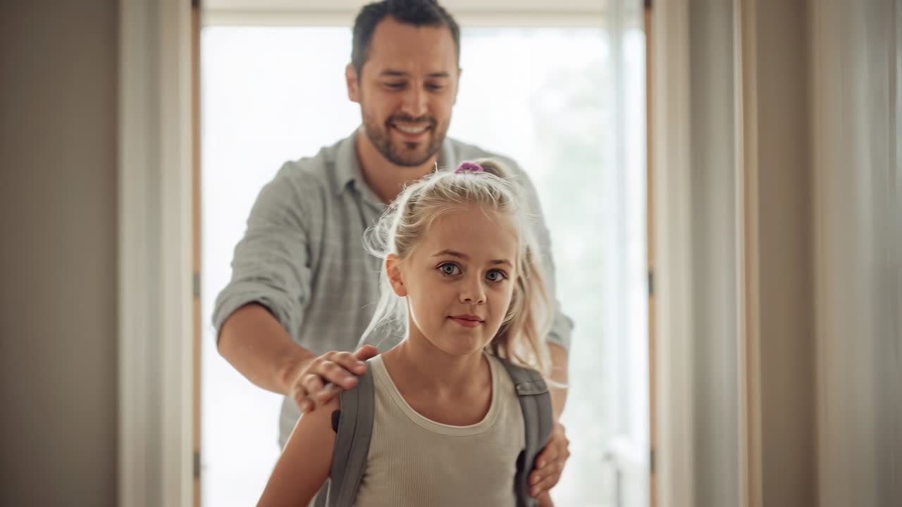 Placing hands, father adjusting daughter's gray backpack at front door, guiding morning exit