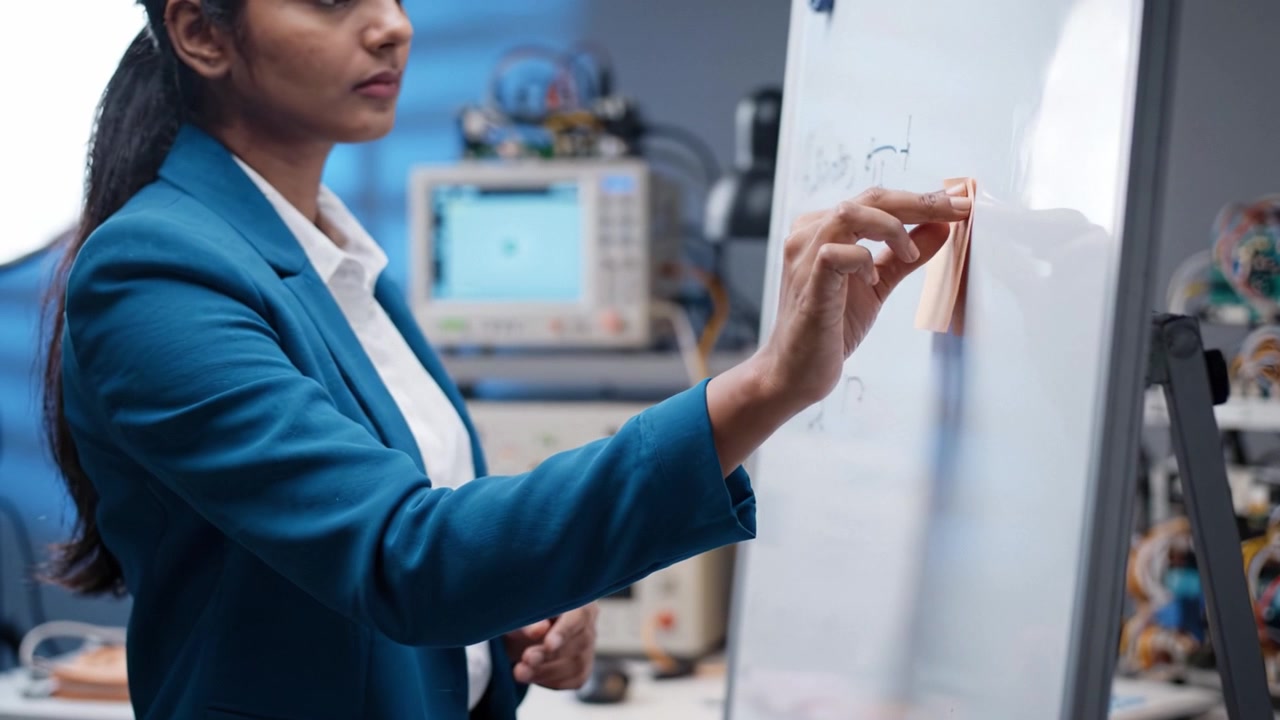 Focused Professional Analyzing Data and Notes During a Presentation in a Modern Technology Setup with Equipment in the Background