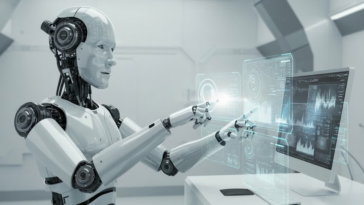 A Futuristic Robot Interacting with Advanced Technology: Exploring the Capabilities of Artificial Intelligence in a High-Tech Environment