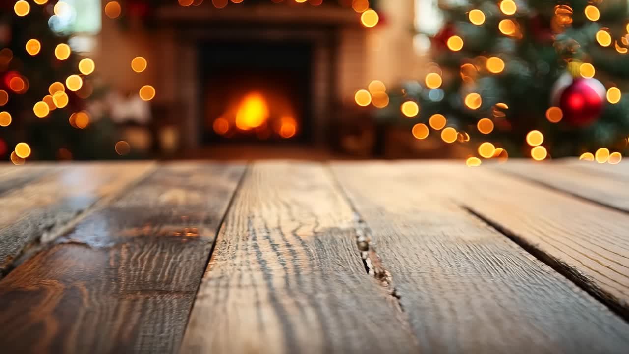 A wooden table with a fireplace in the background. The table is empty and the fireplace is lit
