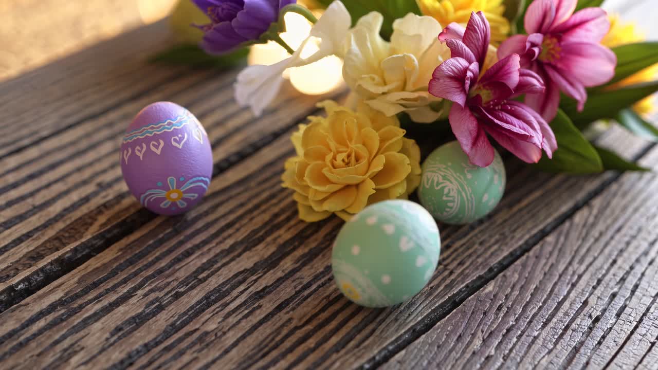 Close-up video of colorful Easter eggs and vibrant flowers on a rustic wooden table