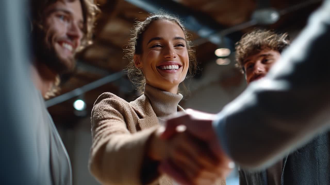A Warm Connection: Smiling Woman Engages in a Friendly Handshake with Two Men, Reflecting Positive Relationships and Networking Opportunities in a Modern Setting