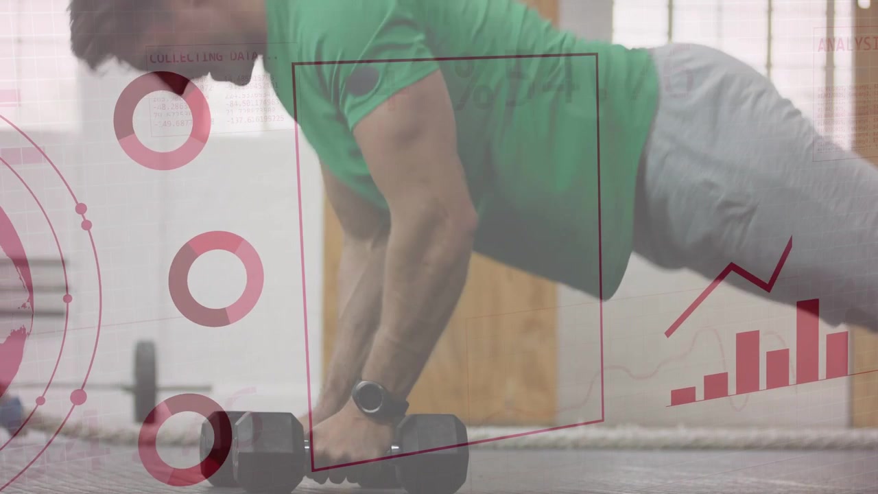 Hombre comenzando en plancha alta realizando repeticiones de flexiones, mientras un globo rojo y gráficos muestran datos de fitness.