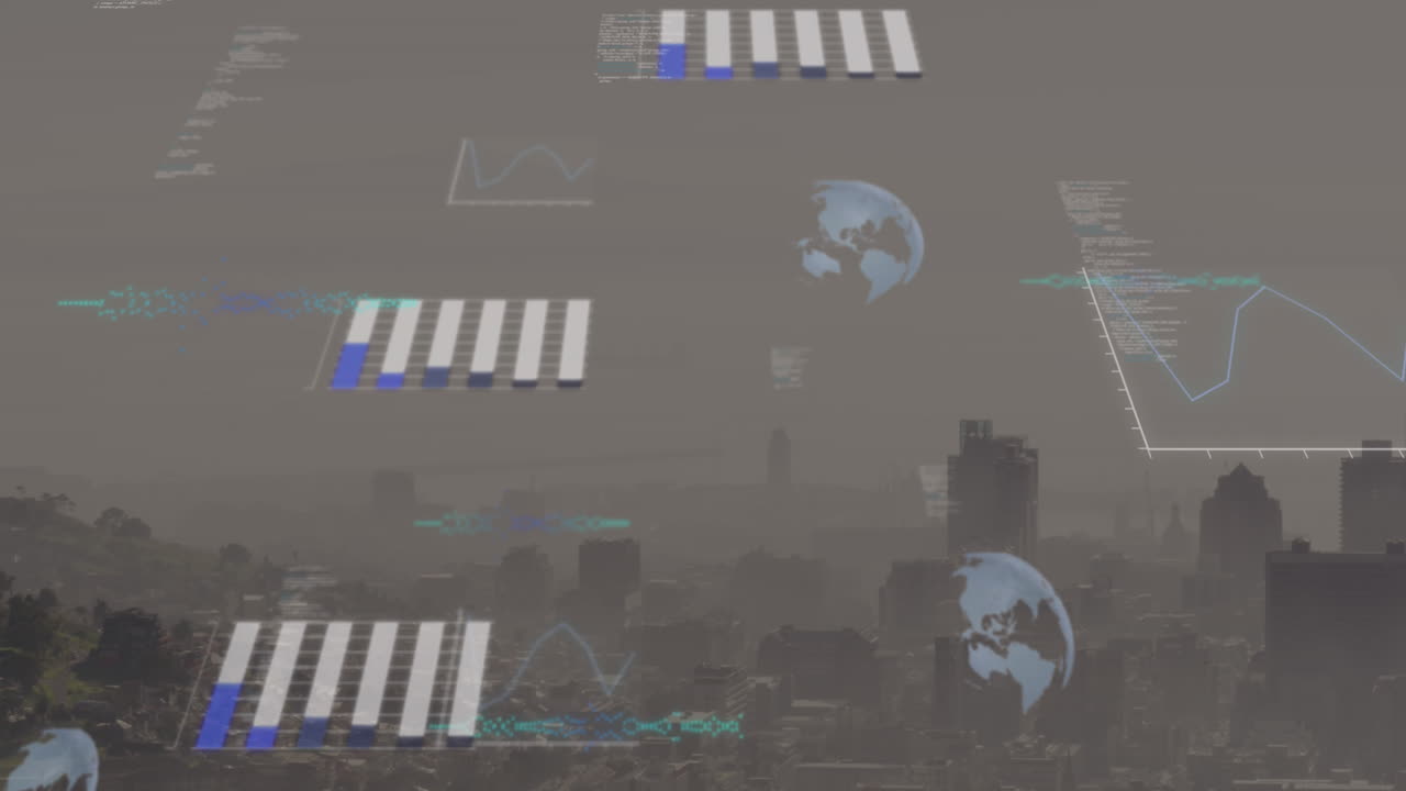 데이터 처리 및 회전 지구 아이콘의 애니메이션과 도시 풍경의 공중 전망