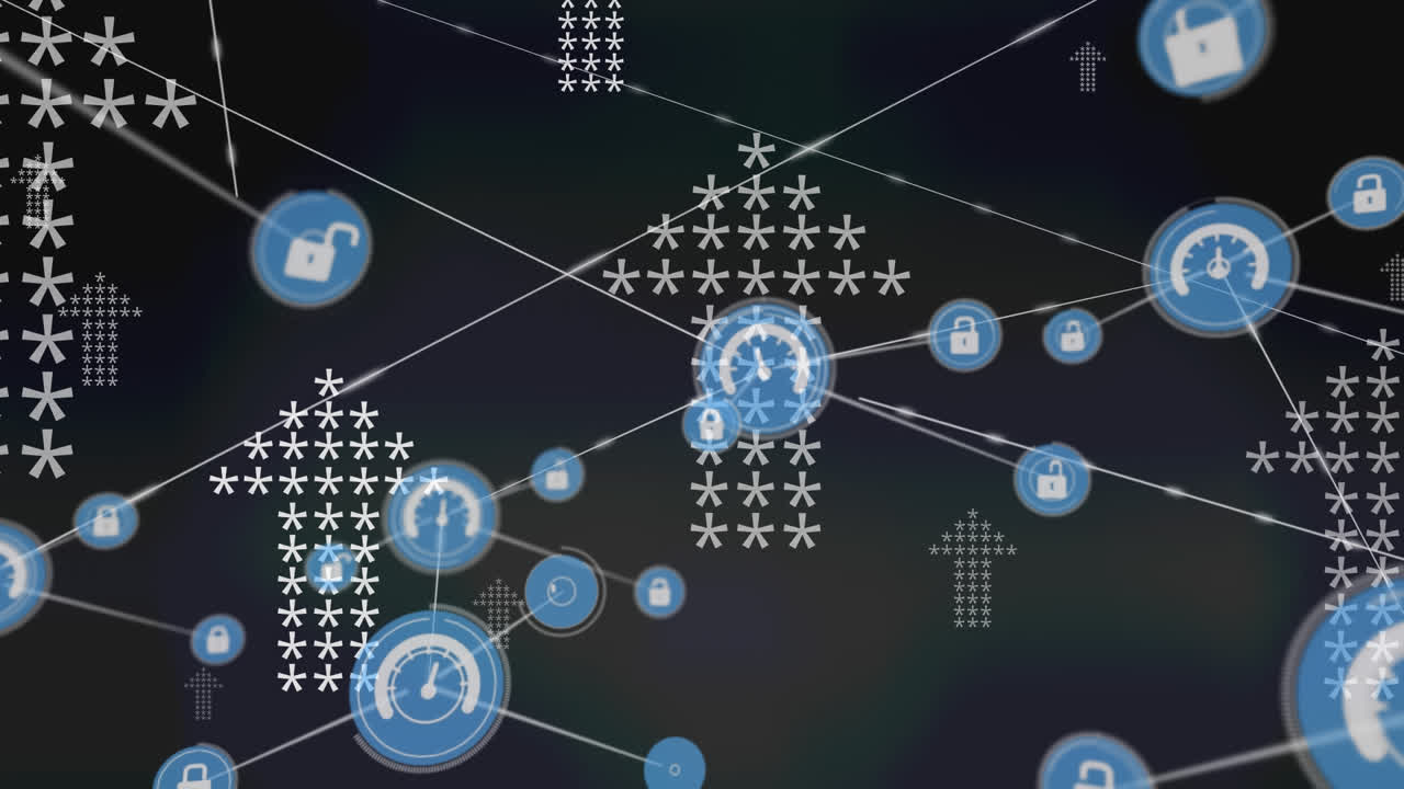 Animation of network of connections with padlock icons over arrows on black background