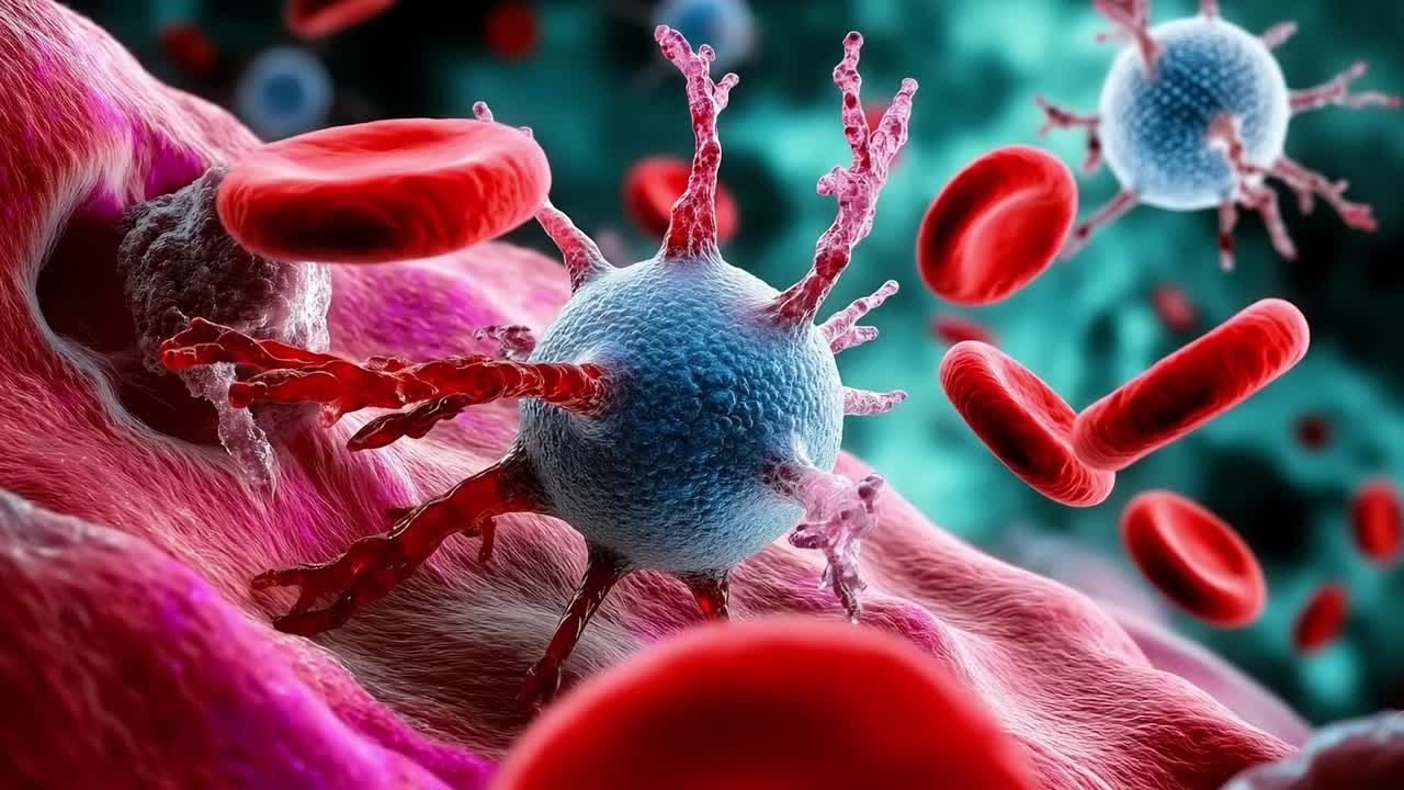 A close up of a cell surrounded by red blood cells