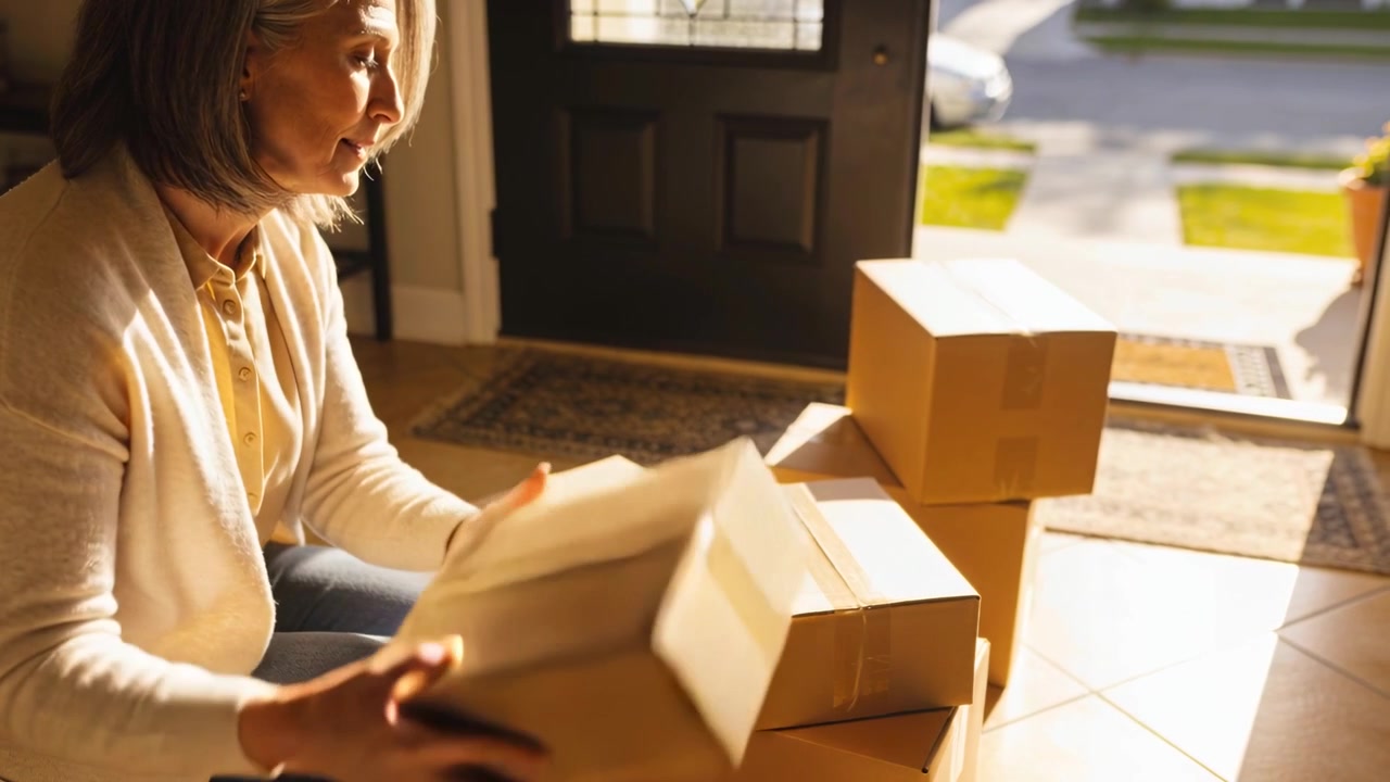 Femme âgée agenouillée, soulevant et inspectant des cartons dans un hall d'entrée, déplaçant des colis à l'intérieur après une livraison.