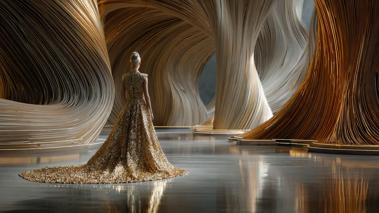 A stunning model gracefully showcases an extravagant golden gown amidst a mesmerizing abstract backdrop of swirling, elegant shapes, highlighting fashion's artistic fusion with architectural beauty