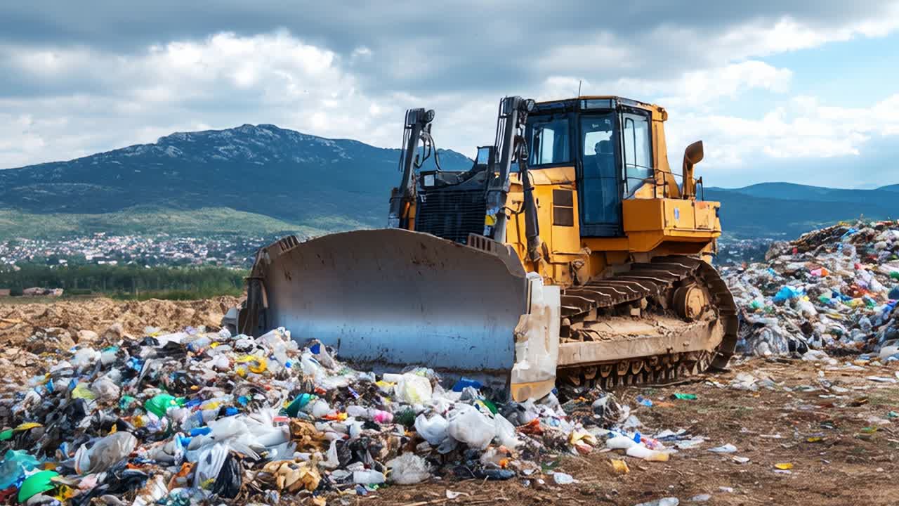 Heavy Machinery at Work: A Dozer Maneuvers Through a Mountain of Waste on a Recycling Site, Crowding Spring Sunshine and Uncovering Layers of Multicolored Plastic Detritus Amidst Scenic Mountainous Backdrop