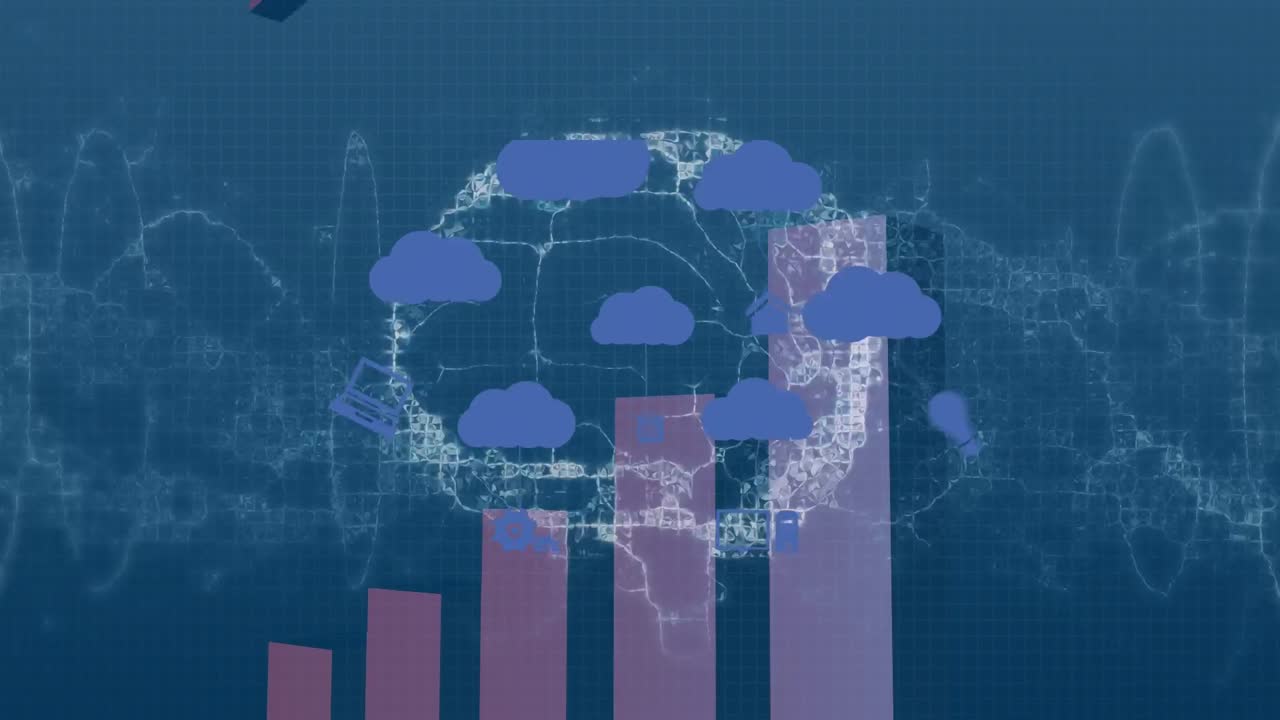 Animation of clouds with technology icons over brain and graph on blue background