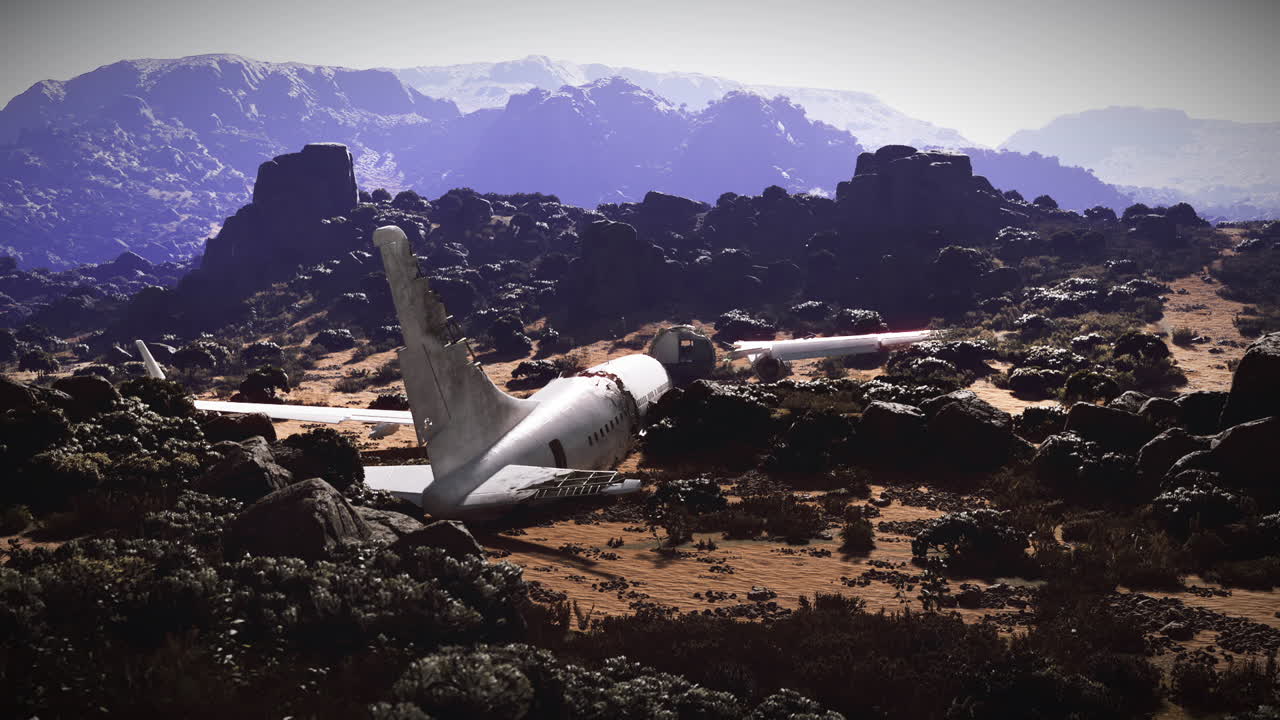Plane wreckage lays in rugged terrain following a crash