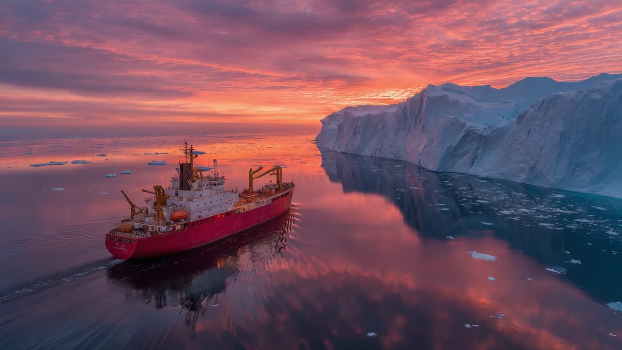 A Breathtaking Moment at Dusk: A Ship Navigates Through Icy Waters Under a Stunning Sky at Sunset, Reflecting Vivid Colors on the Polar Landscape