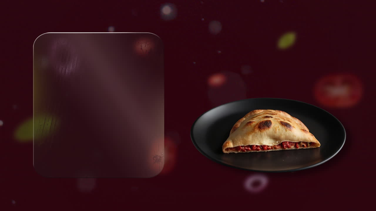 Calzone with tomato sauce with soft depth and highlights - the clear glass board pops out for price or dish labeling