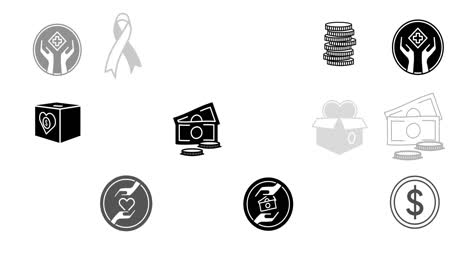 animation of money and cancer ribbon icons over white background