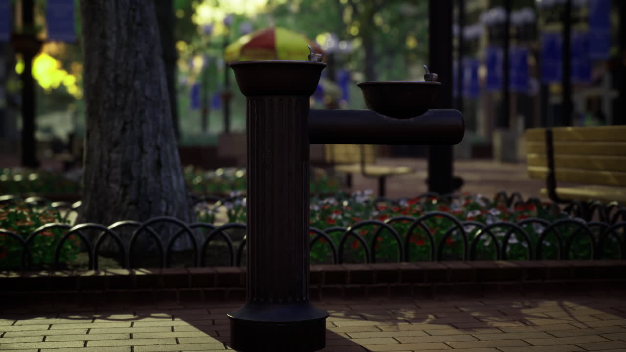 Public water fountain in a park surrounded by flowers and trees