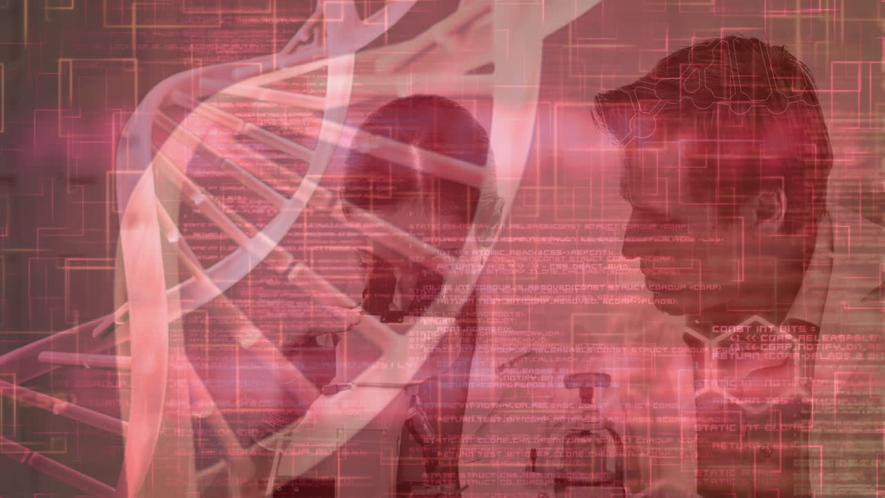 dna 나선 회전 및 프로그래밍 언어의 애니메이션은 병원에서 토론하는 의사들을 통해 순환합니다.