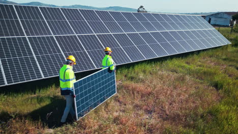 team, engineer men and carrying solar panel