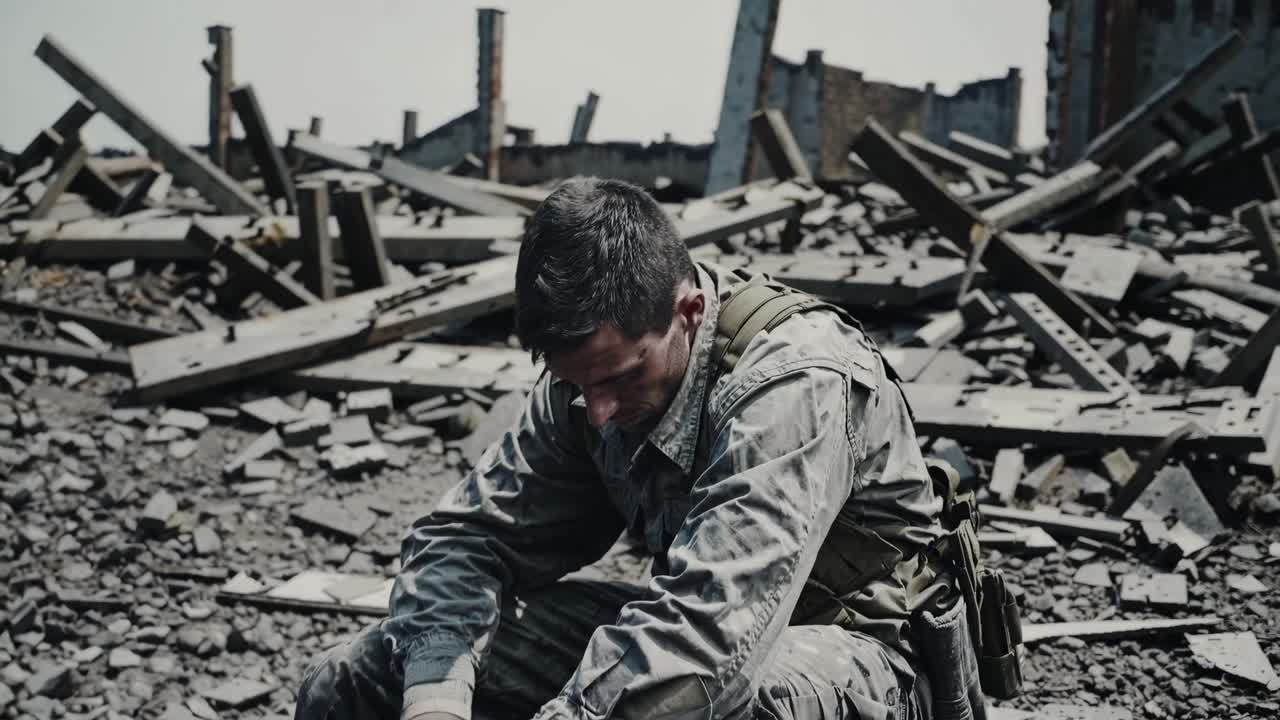 Weary soldier seated amid war ravaged urban landscape, shoulders slumped, staring down at surrounding destruction, expressing profound grief and emotional exhaustion after combat