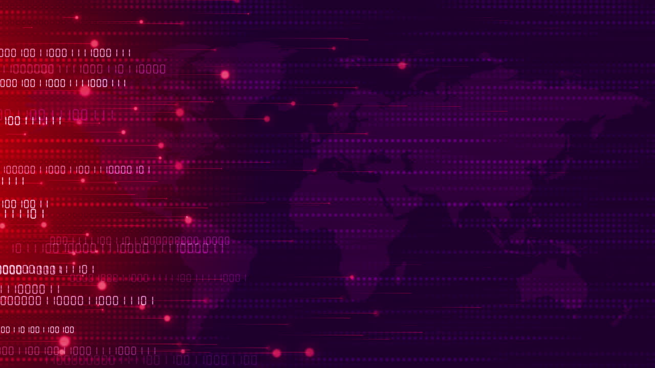 Movement numbers binary code and glowing particles on dark red background. Points and pixels in lines. Digital data network. Looped animation.