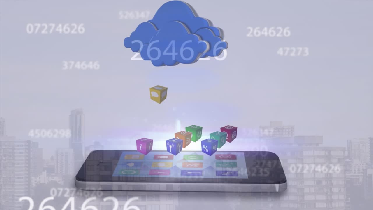 Animazione dell'elaborazione dati e di icone media su un paesaggio urbano